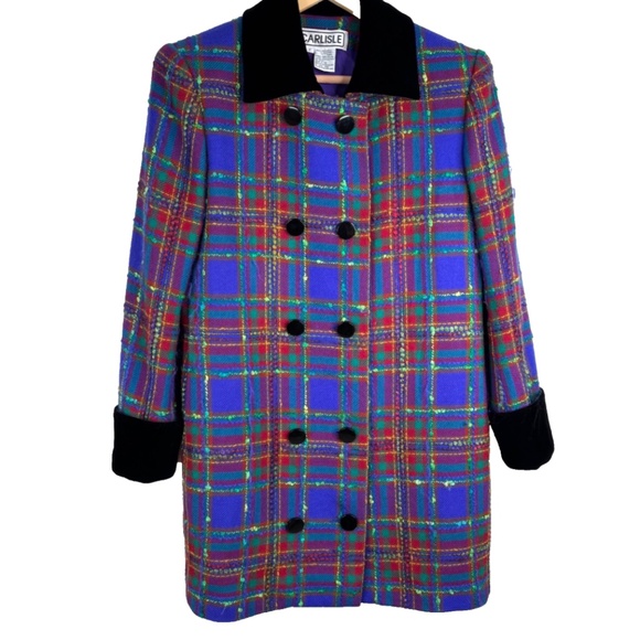 VTG Carlisle Wool Plaid Pea Coat 2 Double Breasted Velvet Old Money Retro Twee - Picture 1 of 13